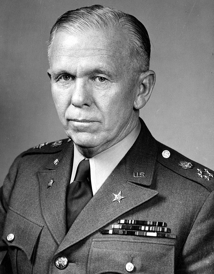 George Catlett Marshall Jr. (December 31, 1880 – October 16, 1959) was an American army officer and statesman who rose through the United States Army to become Chief of Staff of the US Army under President Franklin D. Roosevelt. As the Army’s Chief of Staff, Marshall, working closely with Secretary of War Henry Stimson, organized the largest military expansion in U.S. history and laid the groundwork for the creation of America’s first mountain division. Winston Churchill lauded Marshall, who received promotion under Roosevelt to five-star rank as General of the Army, as the "organizer of victory" for his leadership of the Allied victory in World War II. As Secretary of State and Secretary of Defense under President Harry S. Truman, Marshall advocated a U.S. economic and political commitment to post-war European recovery, including the Marshall Plan that bore his name. In recognition of this work, he was awarded the Nobel Peace Prize in 1953.