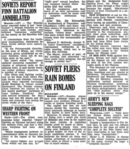 January 20, 1940 article in the Ogdensburg Journal regarding Soviet advances over Finnish troops, sleeping bag tests.Courtesy Doug Schmidt/National Association of the 10th Mountain Division, Inc.