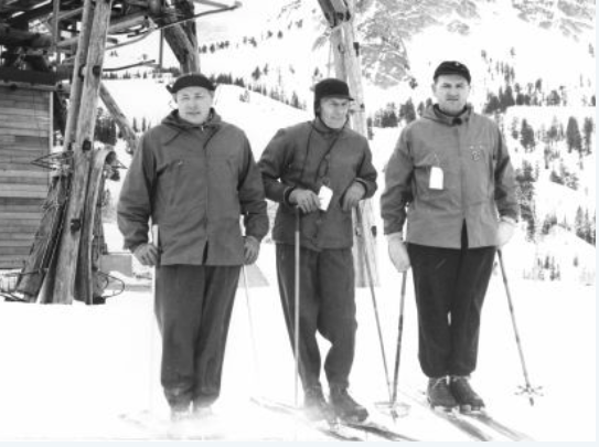 Roger Langley on right, with Ed Rendell and Mr. Reddish at Ogden UT Ski Basin in 1942 Langley (June 4, 1901 – 1986) was the president of the National Ski Association of America (now known as U.S. Ski & Snowboard Association) from 1936 – 1948 and a driving force behind the founding of the National Ski Patrol. Photo courtesy Canadian Ski Hall of Fame and Museum.