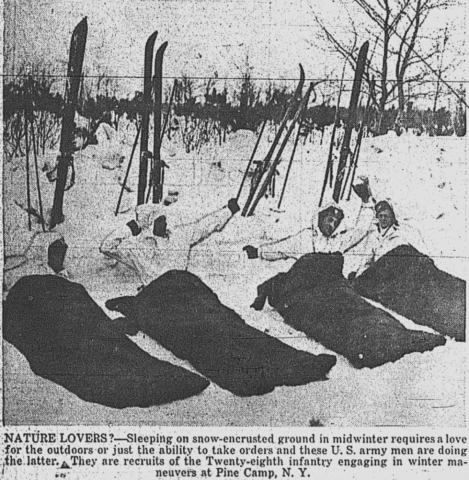 Soldiers of the 28th Infantry test sleeping bag during the 1939-1940 Pine Camp maneuvers. Courtesy Doug Schmidt/National Association of the 10th Mountain Division, Inc.